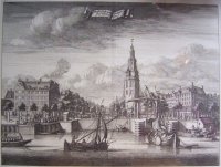 18e eeuwse kopergravure van Amsterdam Montelbaanstoren