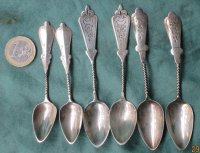6 antiek zilveren theelepeltjes 3 soorten