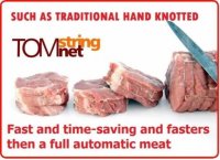 Meat tying machines and meat stringing
