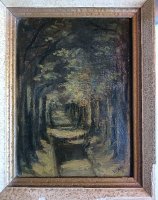 Bosgezicht Olieverfschilderijtje op houten paneel W.A.M